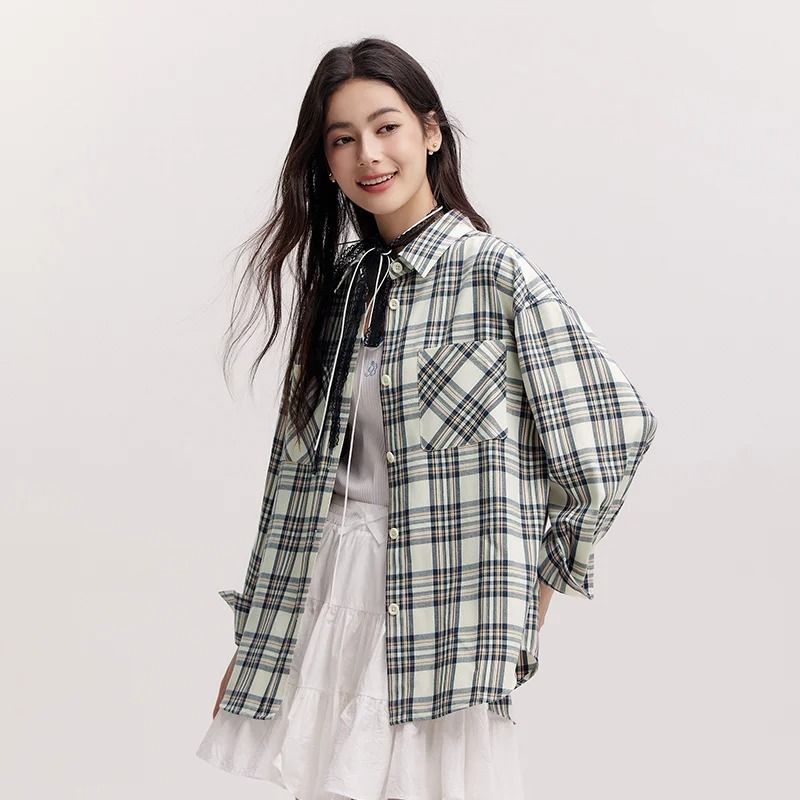 Semir Womens Oversized Checkered Shirt Vintage Long Sleeve Plaid Blouse Mid Length Casual Top 6