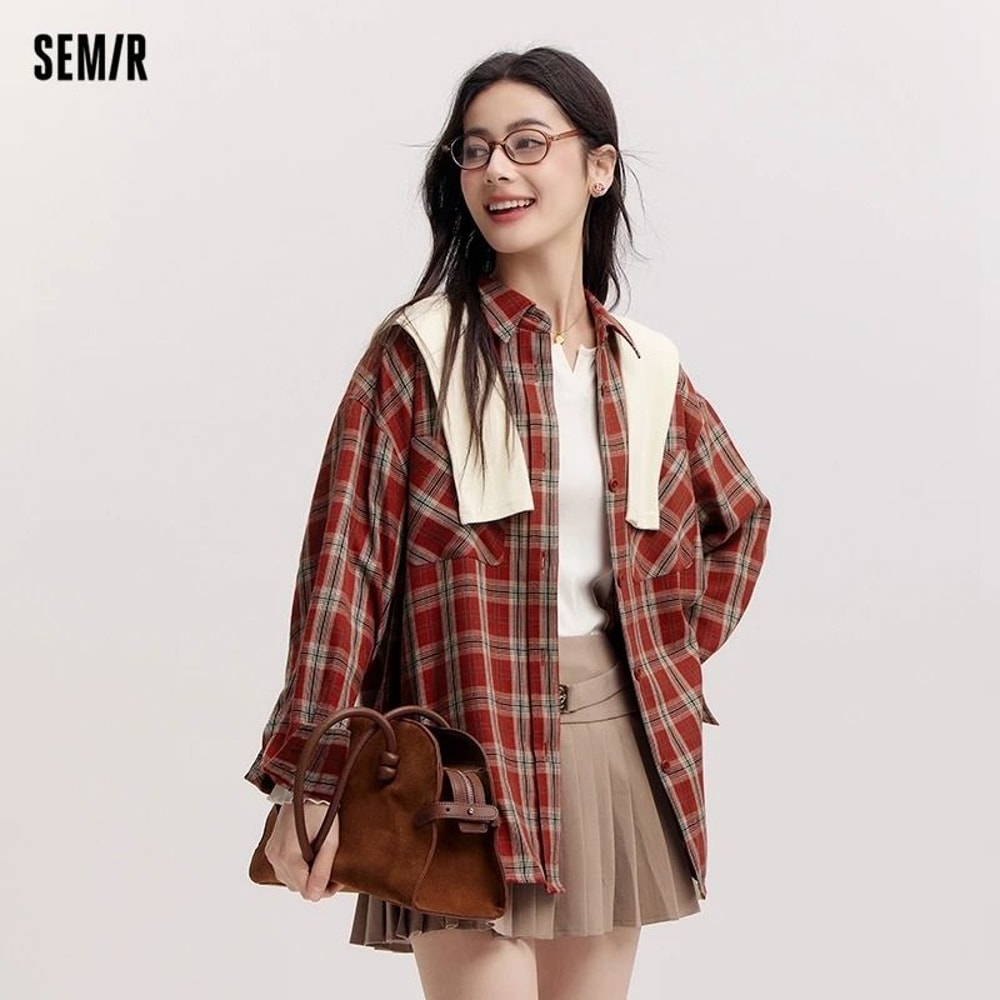 Semir Womens Oversized Checkered Shirt Vintage Long Sleeve Plaid Blouse Mid Length Casual Top 7