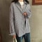 Womens Blue Striped Oversized Shirt Retro Long Sleeve Striped Button Up Blouse 0