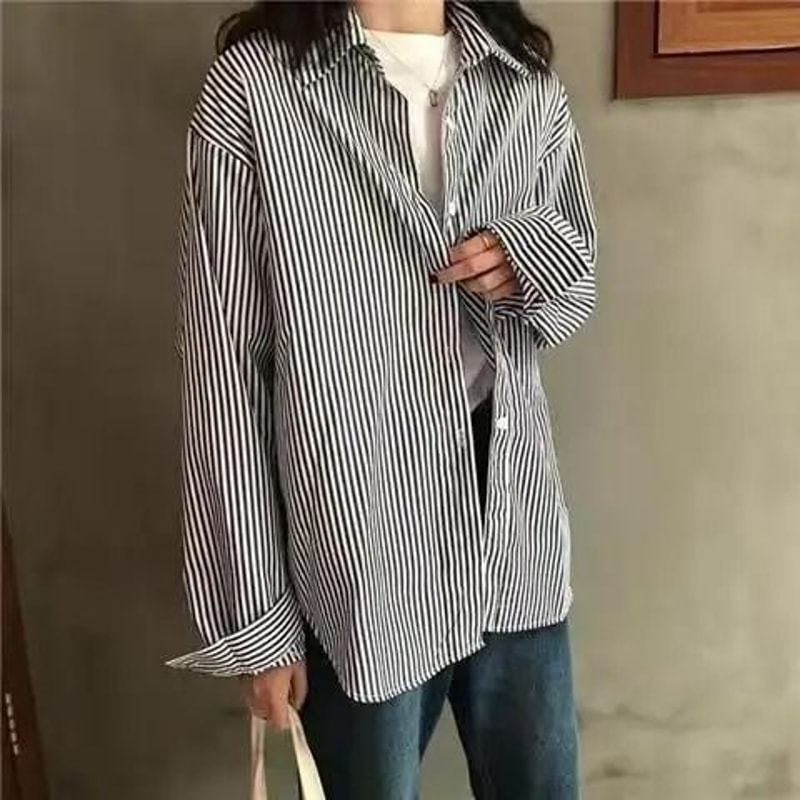 Womens Blue Striped Oversized Shirt Retro Long Sleeve Striped Button Up Blouse 0