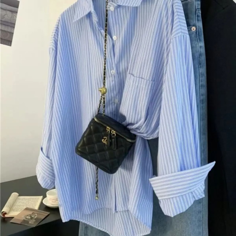 Womens Blue Striped Oversized Shirt Retro Long Sleeve Striped Button Up Blouse 1