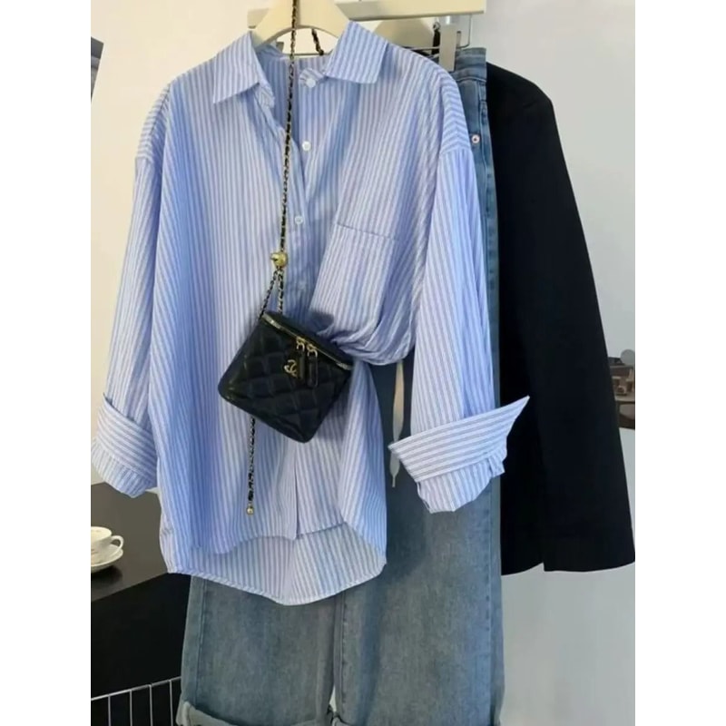 Womens Blue Striped Oversized Shirt Retro Long Sleeve Striped Button Up Blouse 2