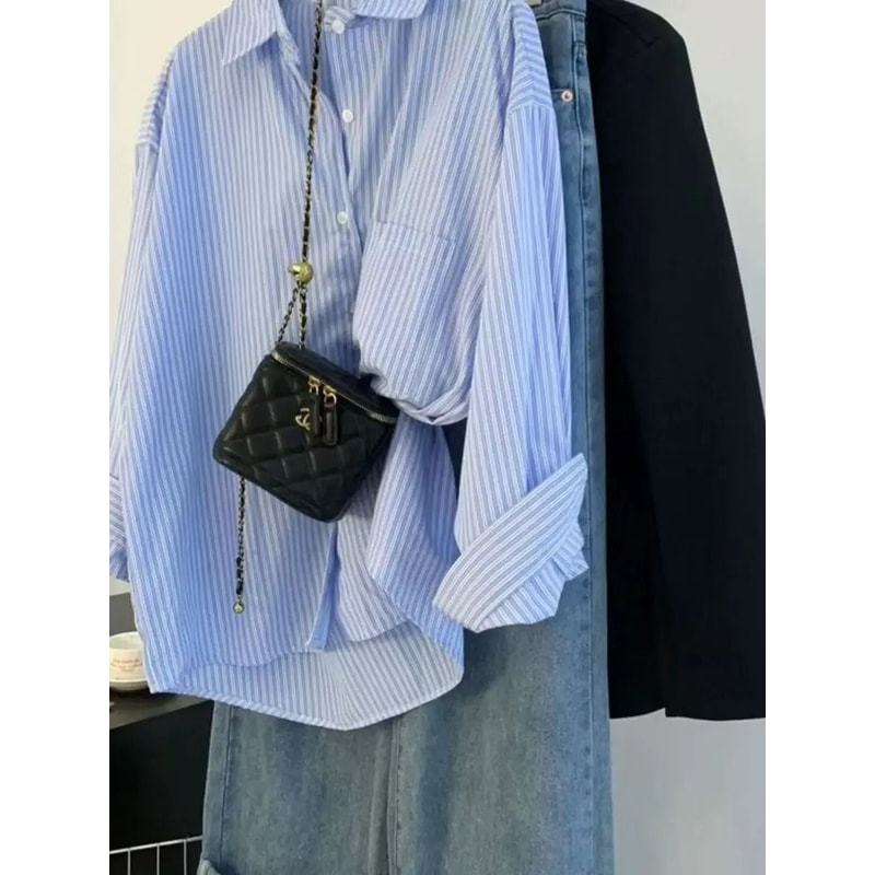 Womens Blue Striped Oversized Shirt Retro Long Sleeve Striped Button Up Blouse 5