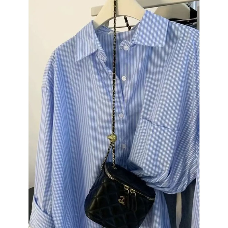 Womens Blue Striped Oversized Shirt Retro Long Sleeve Striped Button Up Blouse 6