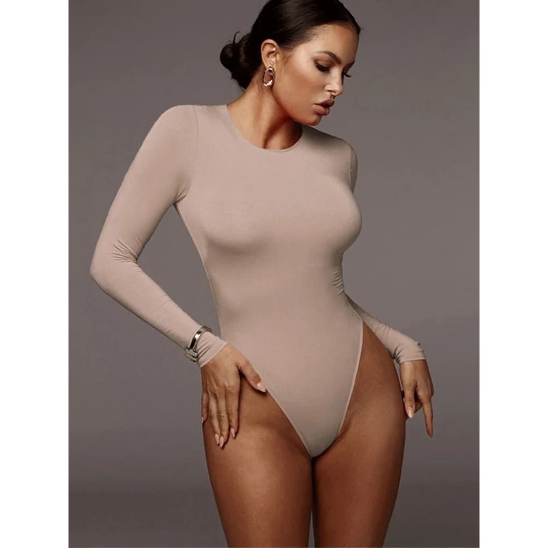 Womens Long Sleeve Bodysuit O Neck Solid Color Bodysuit Top 4