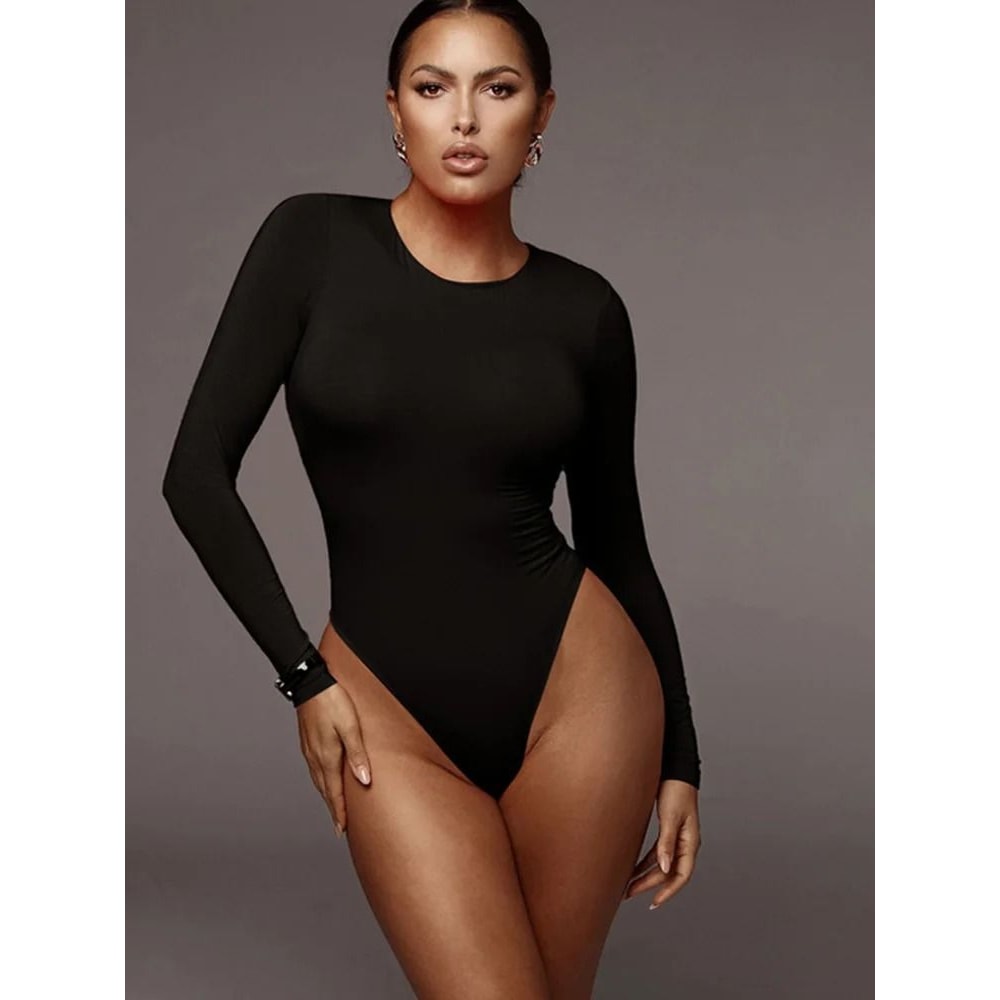 Womens Long Sleeve Bodysuit O Neck Solid Color Bodysuit Top 6