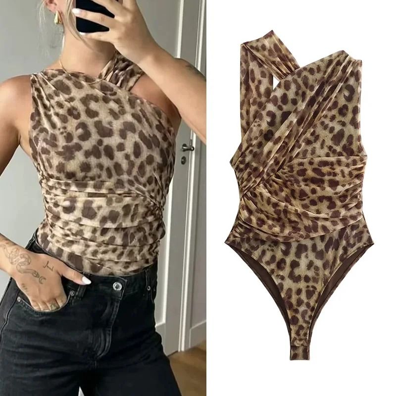 Womens Leopard Print Mesh Bodysuit Off Shoulder Sleeveless Sexy Bodysuit Top 10