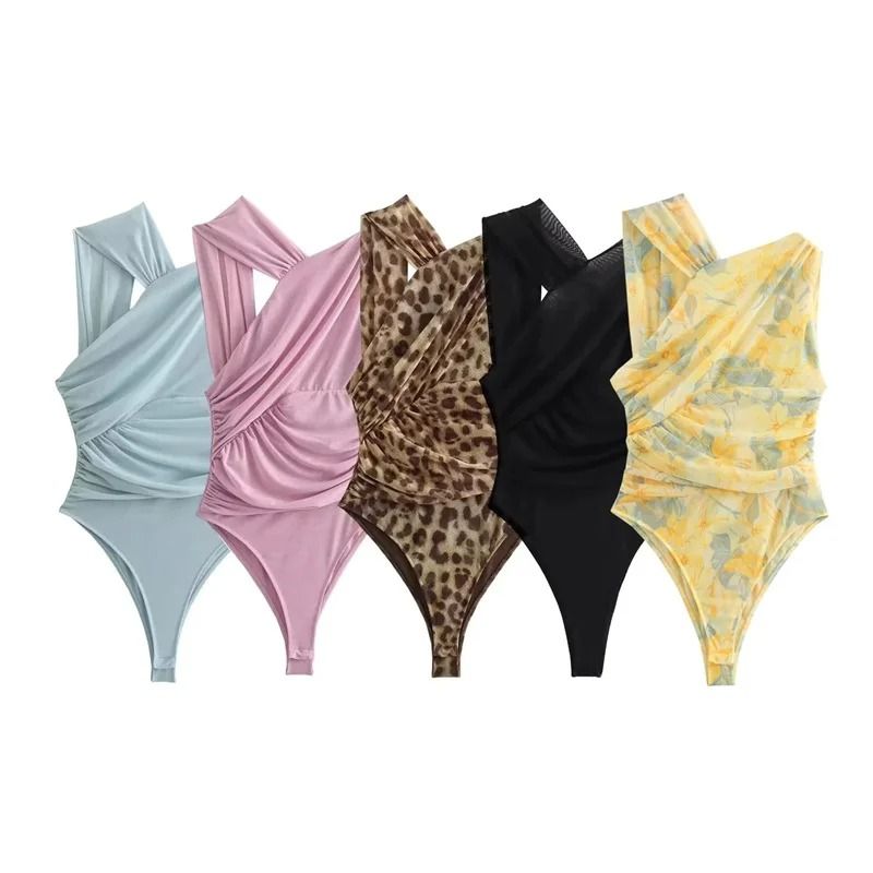 Womens Leopard Print Mesh Bodysuit Off Shoulder Sleeveless Sexy Bodysuit Top 0