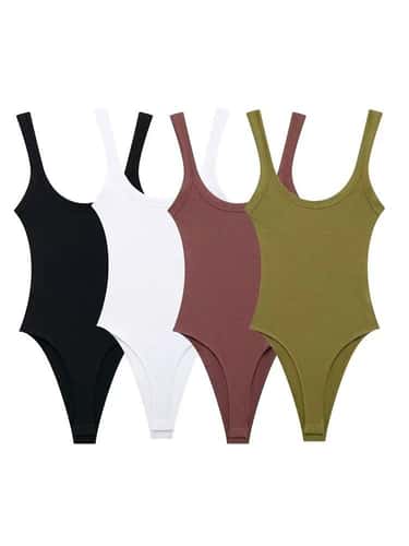 Womens Ribbed O Neck Bodysuit Stretch Snap Button Bodysuit Slim Fit Fashion Top