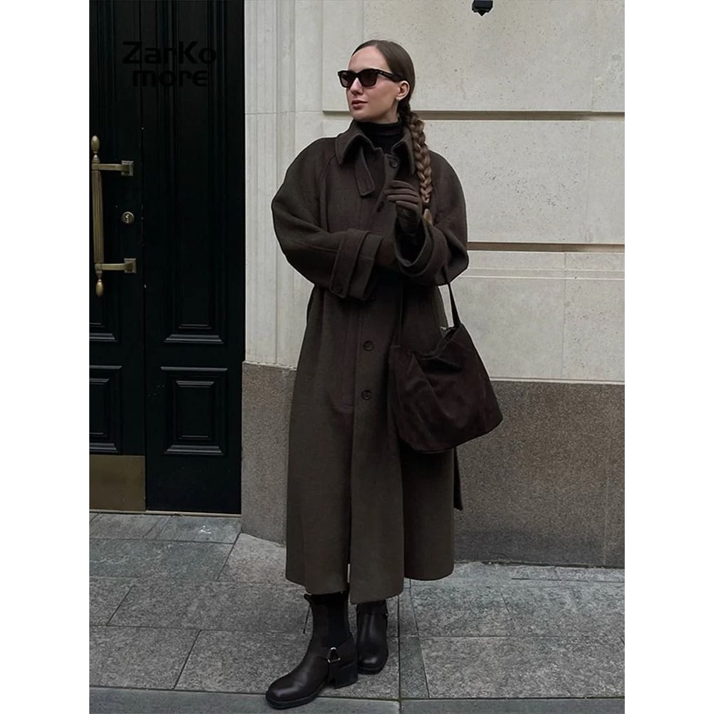 Elegant Womens Grey Belted Wool Coat Double Breasted Long Winter Peacoat 16