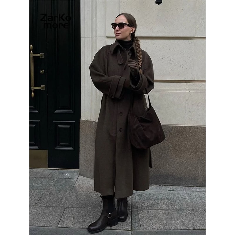 Elegant Womens Grey Belted Wool Coat Double Breasted Long Winter Peacoat 16