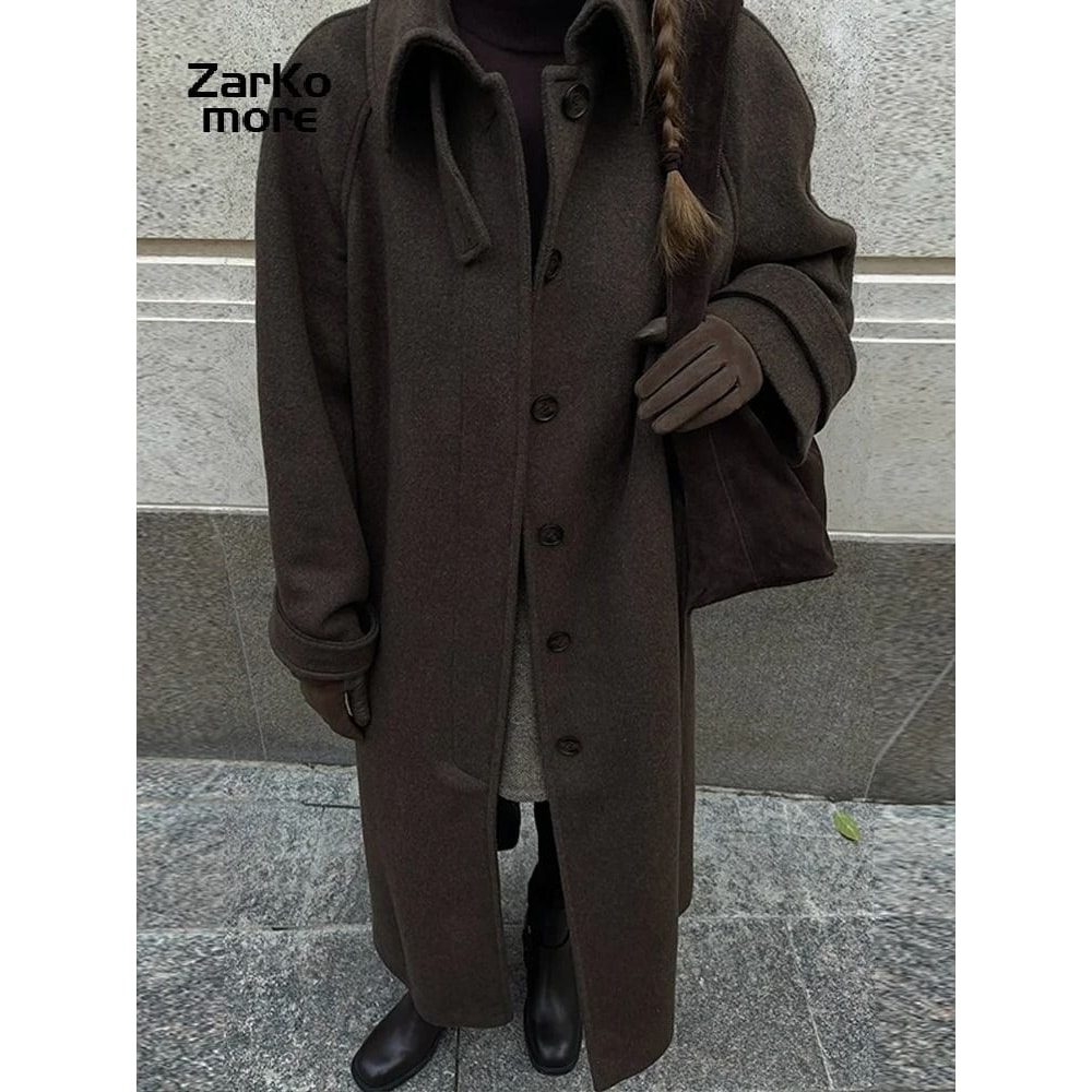 Elegant Womens Grey Belted Wool Coat Double Breasted Long Winter Peacoat 8