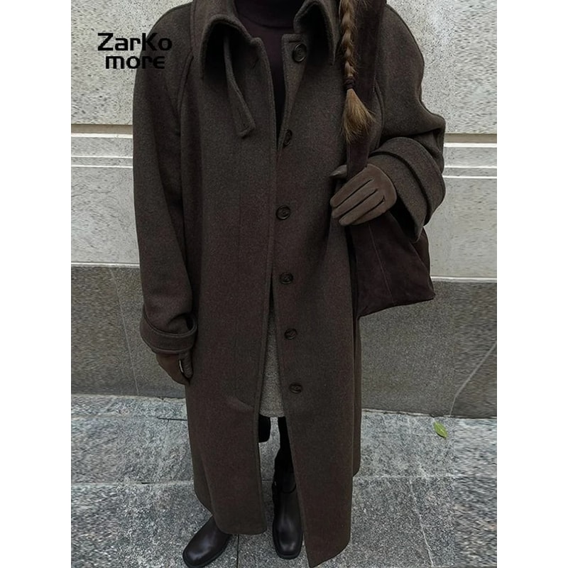 Elegant Womens Grey Belted Wool Coat Double Breasted Long Winter Peacoat 8