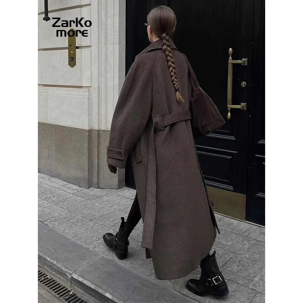 Elegant Womens Grey Belted Wool Coat Double Breasted Long Winter Peacoat 17