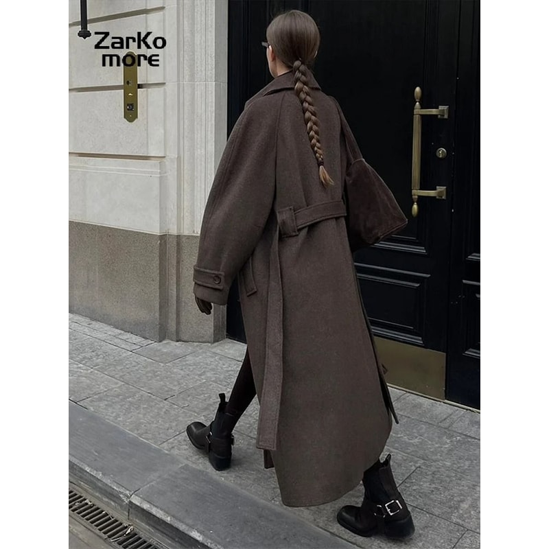 Elegant Womens Grey Belted Wool Coat Double Breasted Long Winter Peacoat 17