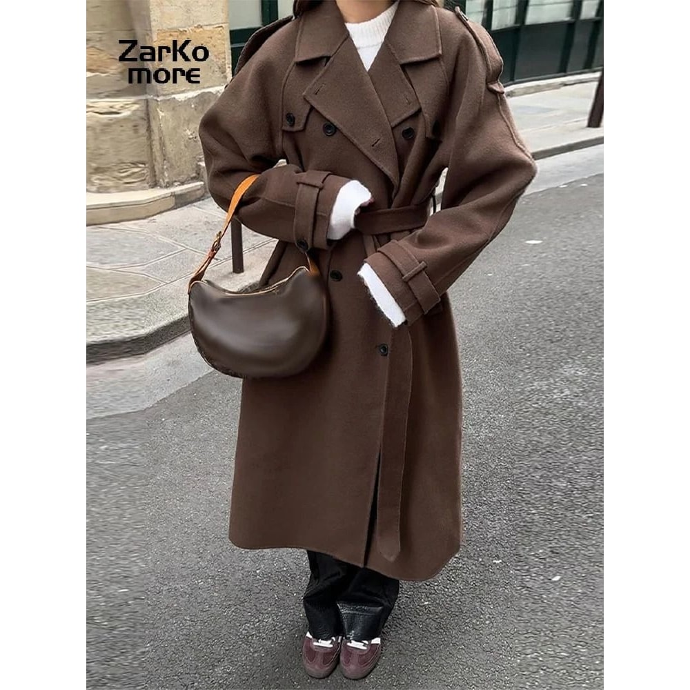 Elegant Womens Grey Belted Wool Coat Double Breasted Long Winter Peacoat 18