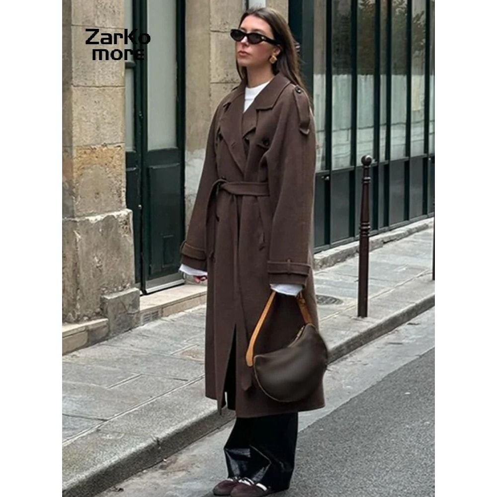 Elegant Womens Grey Belted Wool Coat Double Breasted Long Winter Peacoat 19