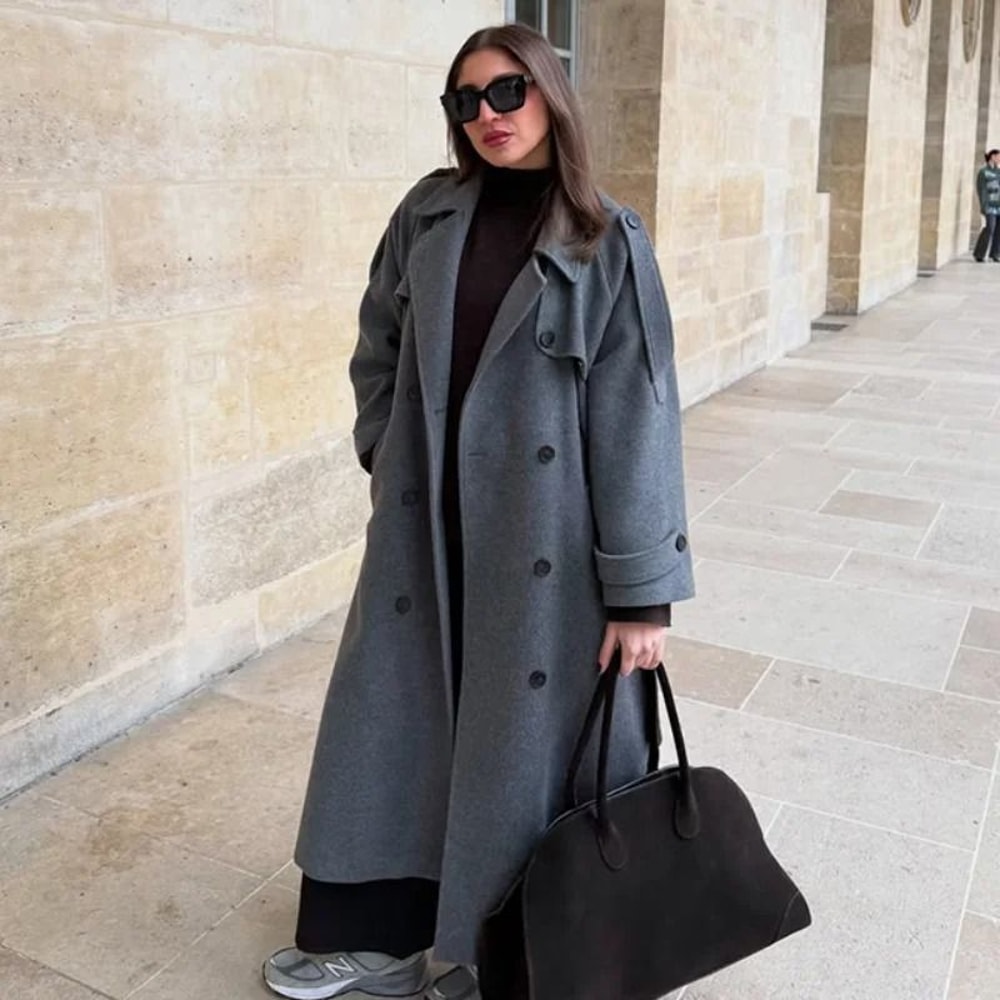 Elegant Womens Grey Belted Wool Coat Double Breasted Long Winter Peacoat 5