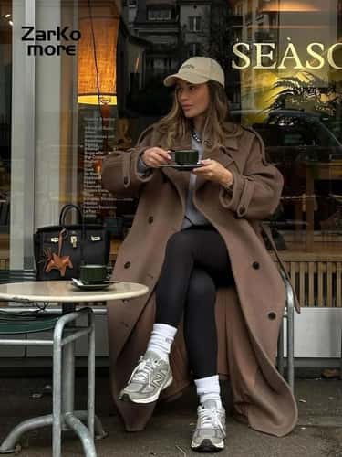 Elegant Womens Grey Belted Wool Coat Double Breasted Long Winter Peacoat