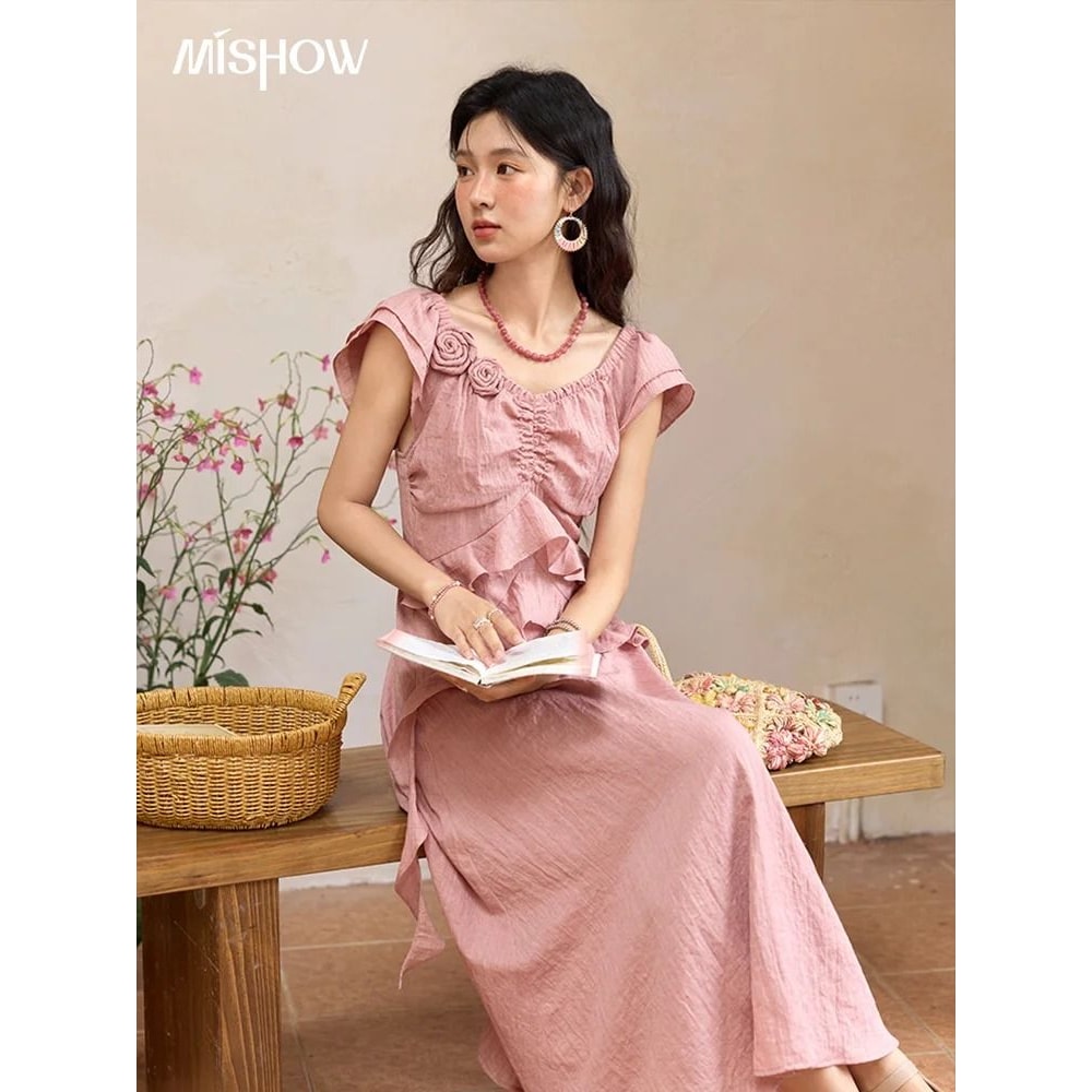 MISHOW Pink Summer V Neck Dress Flying Sleeve Holiday Dress For Women 3