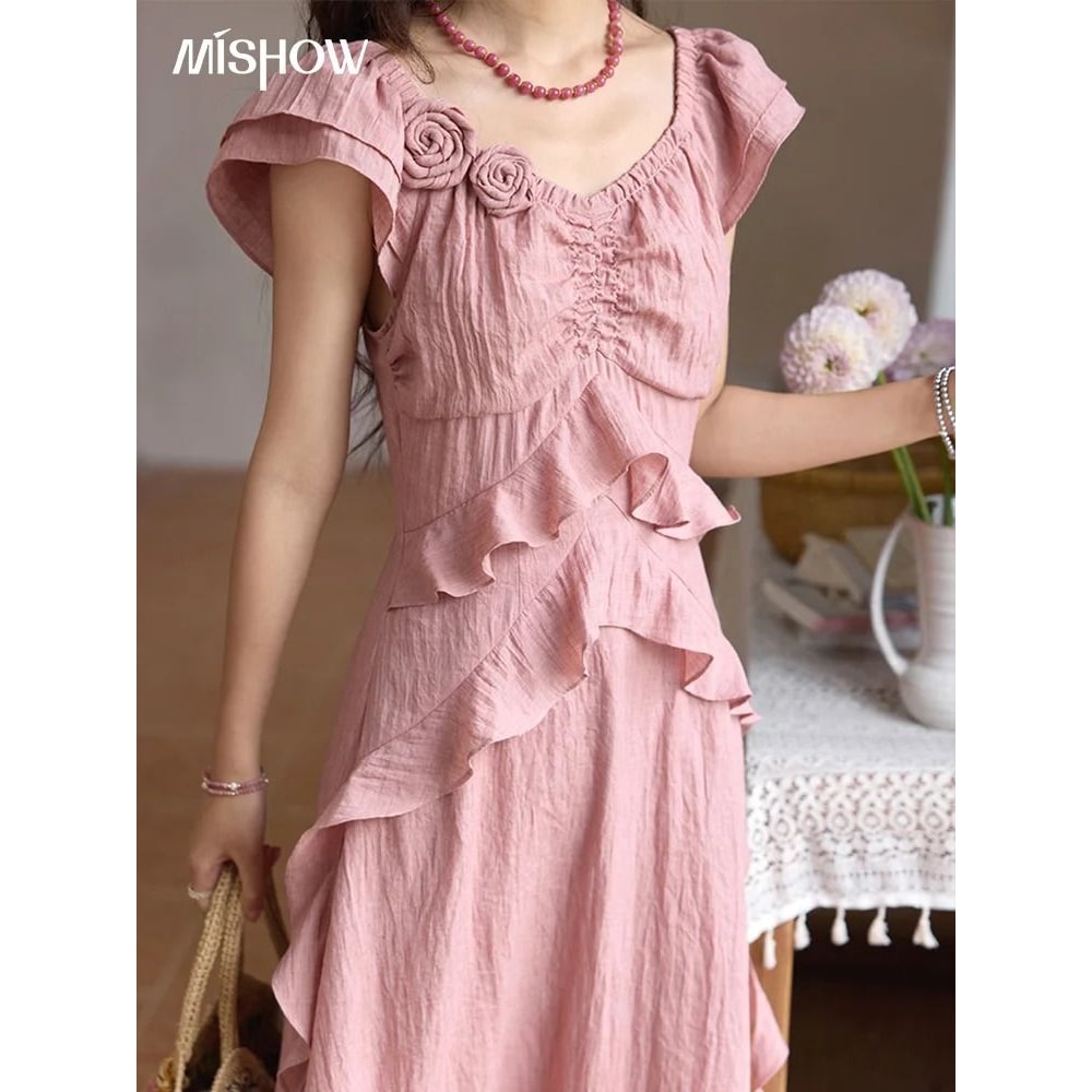 MISHOW Pink Summer V Neck Dress Flying Sleeve Holiday Dress For Women 5