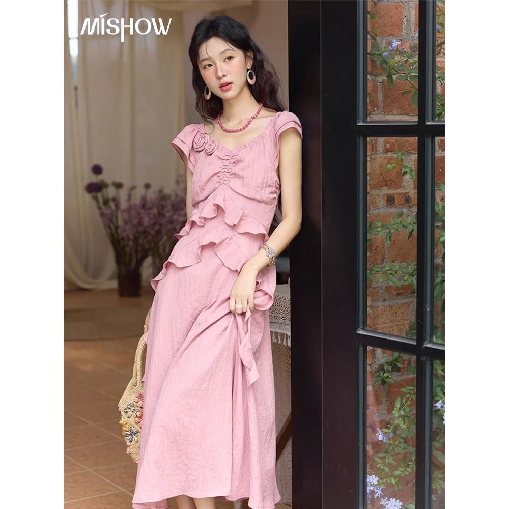 MISHOW Pink Summer V Neck Dress Flying Sleeve Holiday Dress For Women 6