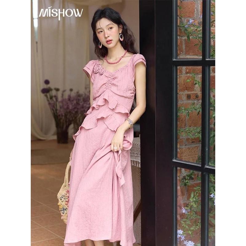 MISHOW Pink Summer V Neck Dress Flying Sleeve Holiday Dress For Women 0