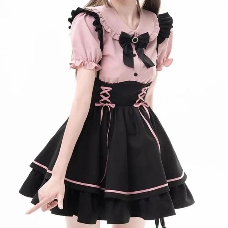 Sweet Lolita Two Piece Dress Set Doll Collar Blouse And High Waist A Line Skirt 2