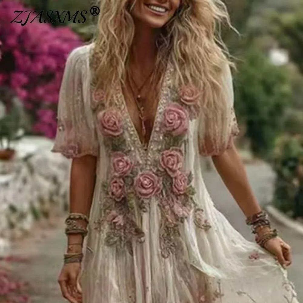 Bohemian Floral Maxi Dress Deep V Neck Pleated Summer Dress For Women 6