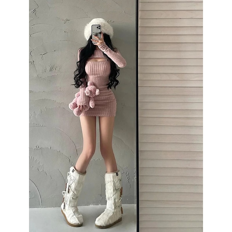 WOMENGAGA Knitted Sweater Dress Long Sleeve Zip Front Bodycon Mini Dress 8