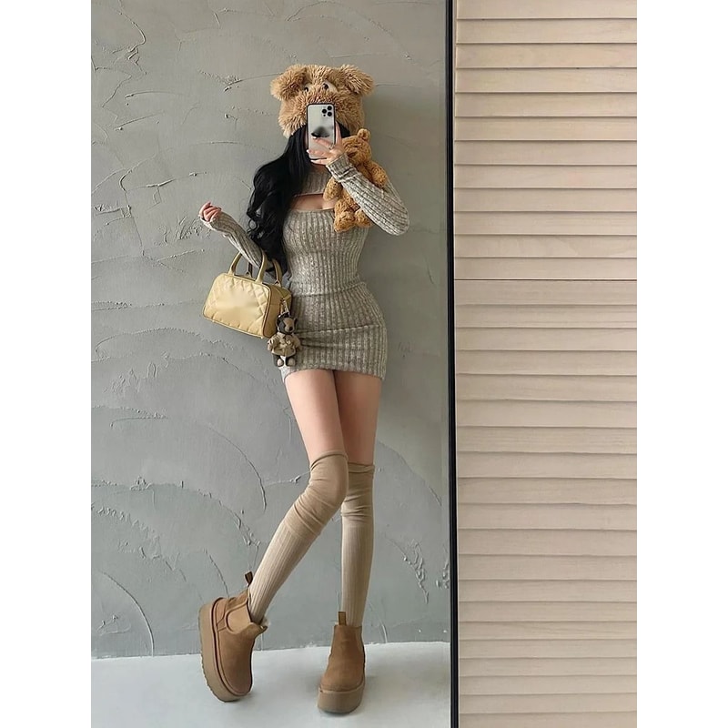 WOMENGAGA Knitted Sweater Dress Long Sleeve Zip Front Bodycon Mini Dress 9