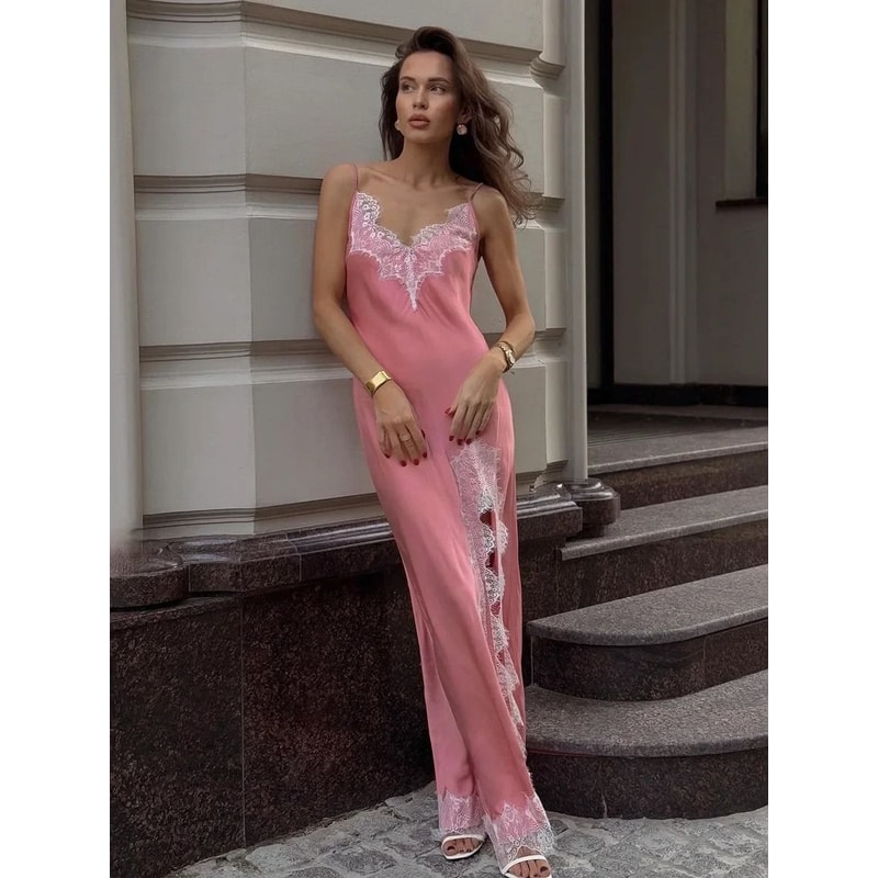 Wolfeel Lace Camisole Maxi Dress Silk Style Split Summer Dress For Women 9