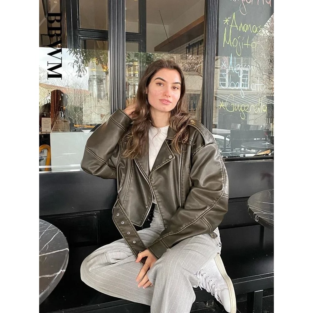 BBWM Oversized Faux Leather Biker Jacket Vintage Moto Style Belted Short Jacket For Women 2