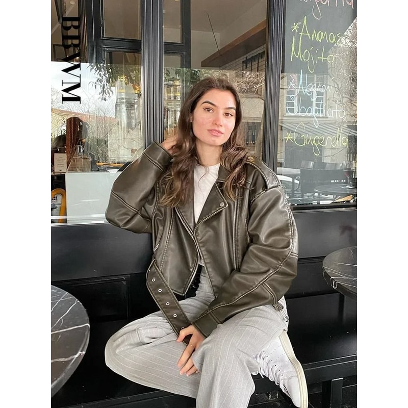 BBWM Oversized Faux Leather Biker Jacket Vintage Moto Style Belted Short Jacket For Women 2