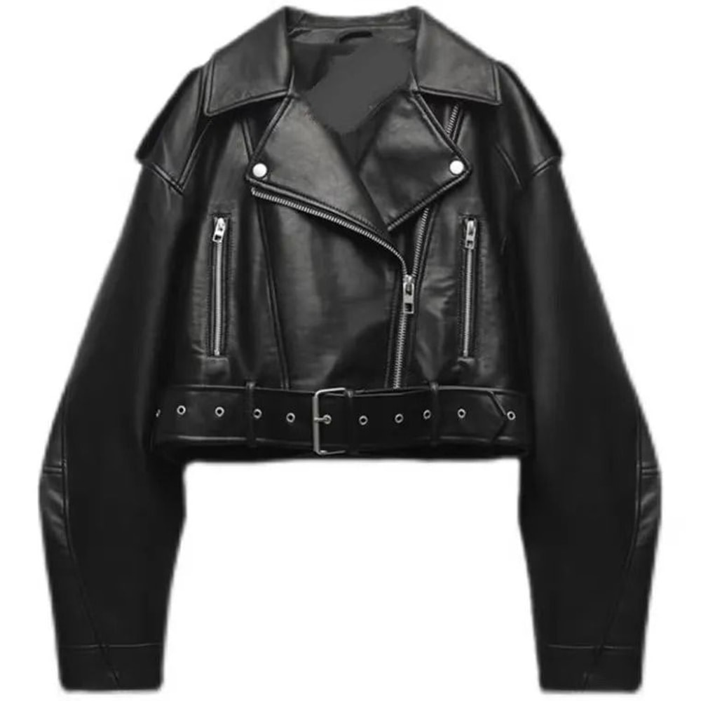 BBWM Oversized Faux Leather Biker Jacket Vintage Moto Style Belted Short Jacket For Women 1
