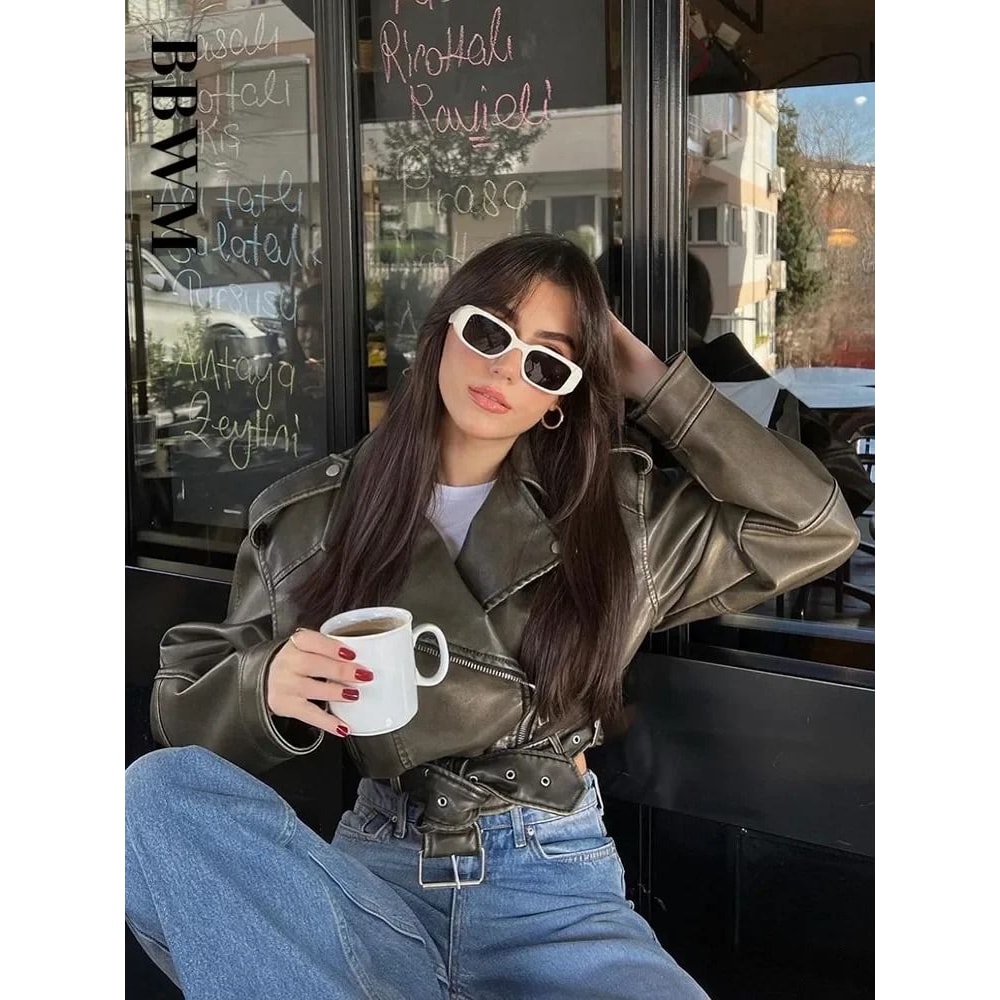 BBWM Oversized Faux Leather Biker Jacket Vintage Moto Style Belted Short Jacket For Women 4