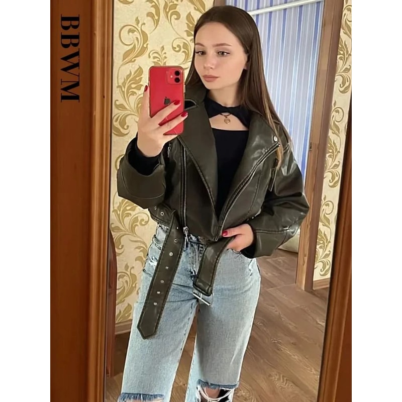 BBWM Oversized Faux Leather Biker Jacket Vintage Moto Style Belted Short Jacket For Women 5
