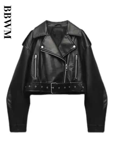 BBWM Oversized Faux Leather Biker Jacket Vintage Moto Style Belted Short Jacket for Women