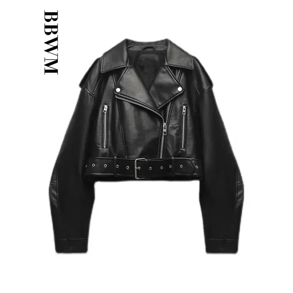 BBWM Oversized Faux Leather Biker Jacket Vintage Moto Style Belted Short Jacket For Women 6