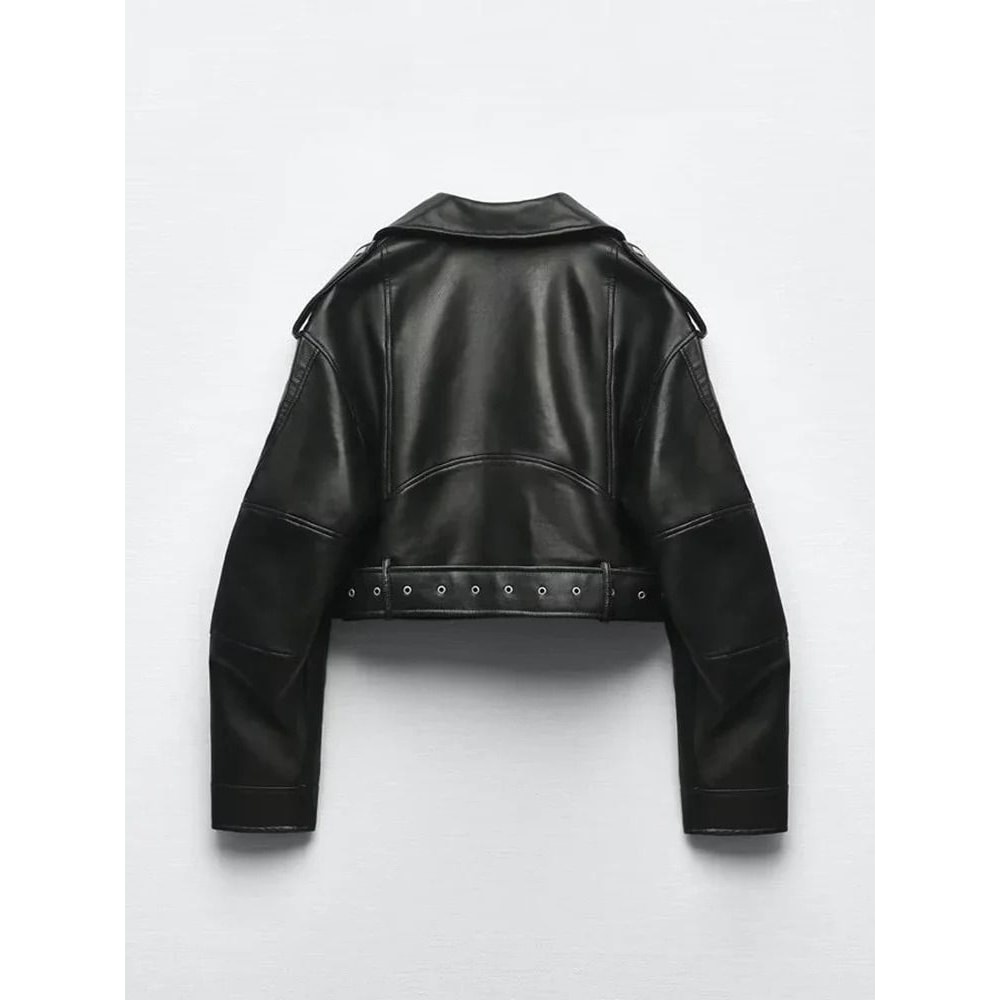 BBWM Oversized Faux Leather Biker Jacket Vintage Moto Style Belted Short Jacket For Women 7