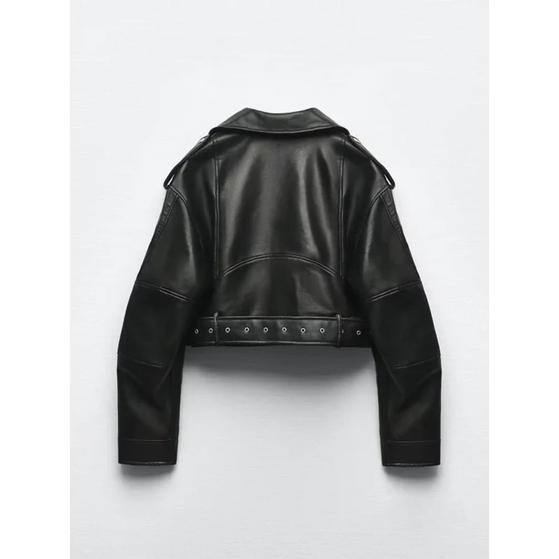 BBWM Oversized Faux Leather Biker Jacket Vintage Moto Style Belted Short Jacket For Women 7