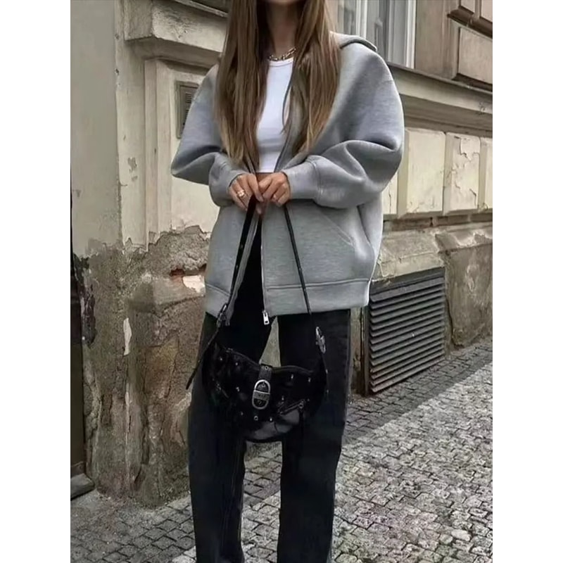 HH Oversized Zip Hoodie Jacket Womens Loose Fit Streetwear Hooded Sweatshirt Coat 5