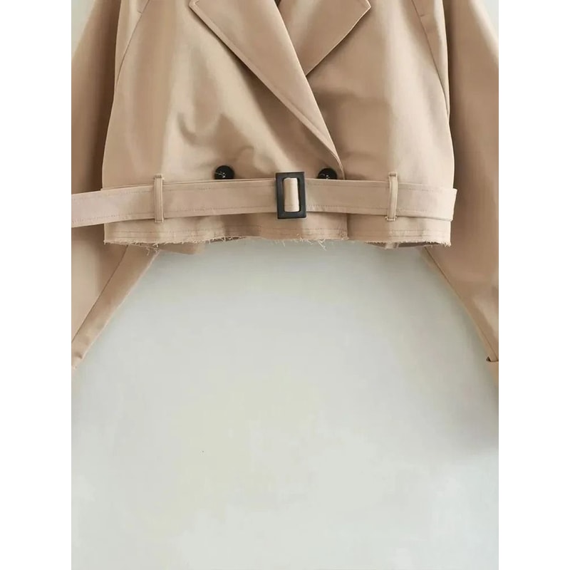 Vintage Belted Cropped Trench Jacket For Women Double Breasted Spring Streetwear Coat 2