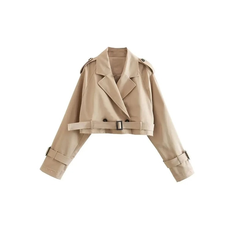 Vintage Belted Cropped Trench Jacket For Women Double Breasted Spring Streetwear Coat 3