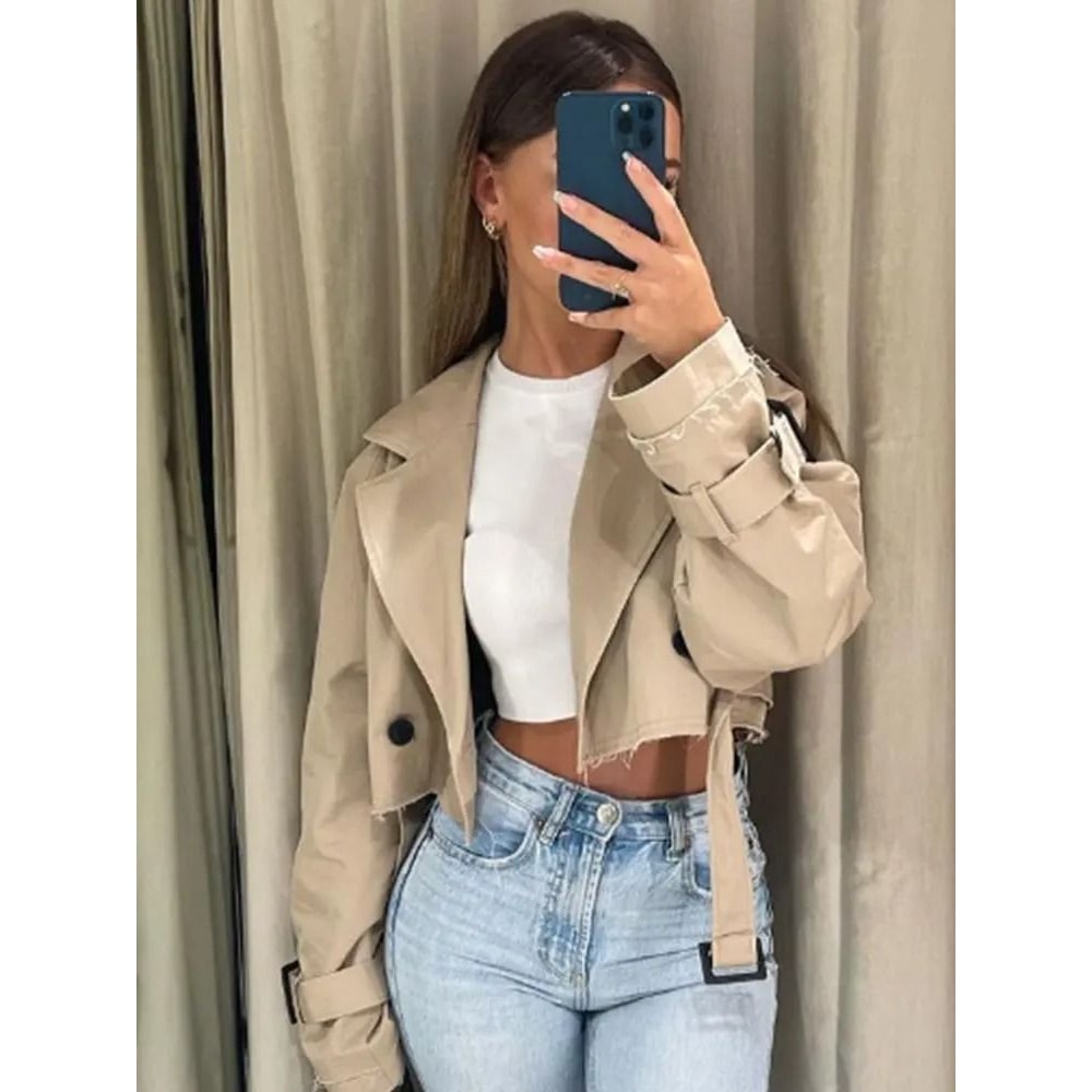 Vintage Belted Cropped Trench Jacket For Women Double Breasted Spring Streetwear Coat 5