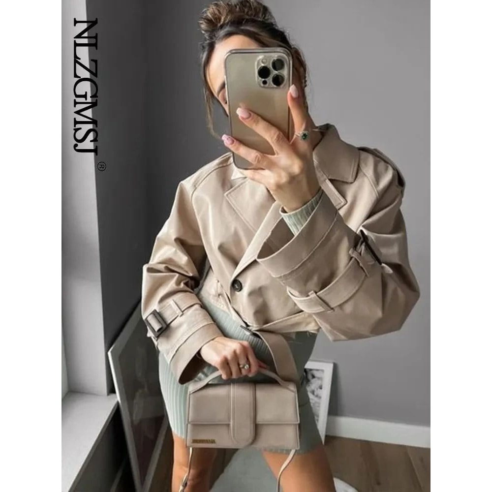 Vintage Belted Cropped Trench Jacket For Women Double Breasted Spring Streetwear Coat 6