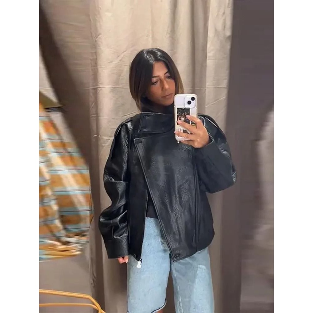 Womens PU Leather Jacket Stand Collar Asymmetric Button Casual Black Biker Jacket 1