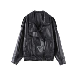 womens pu leather jacket stand collar asymmetric button casual black biker jacket