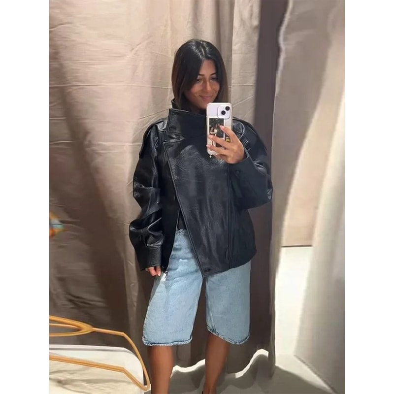 Womens PU Leather Jacket Stand Collar Asymmetric Button Casual Black Biker Jacket 2