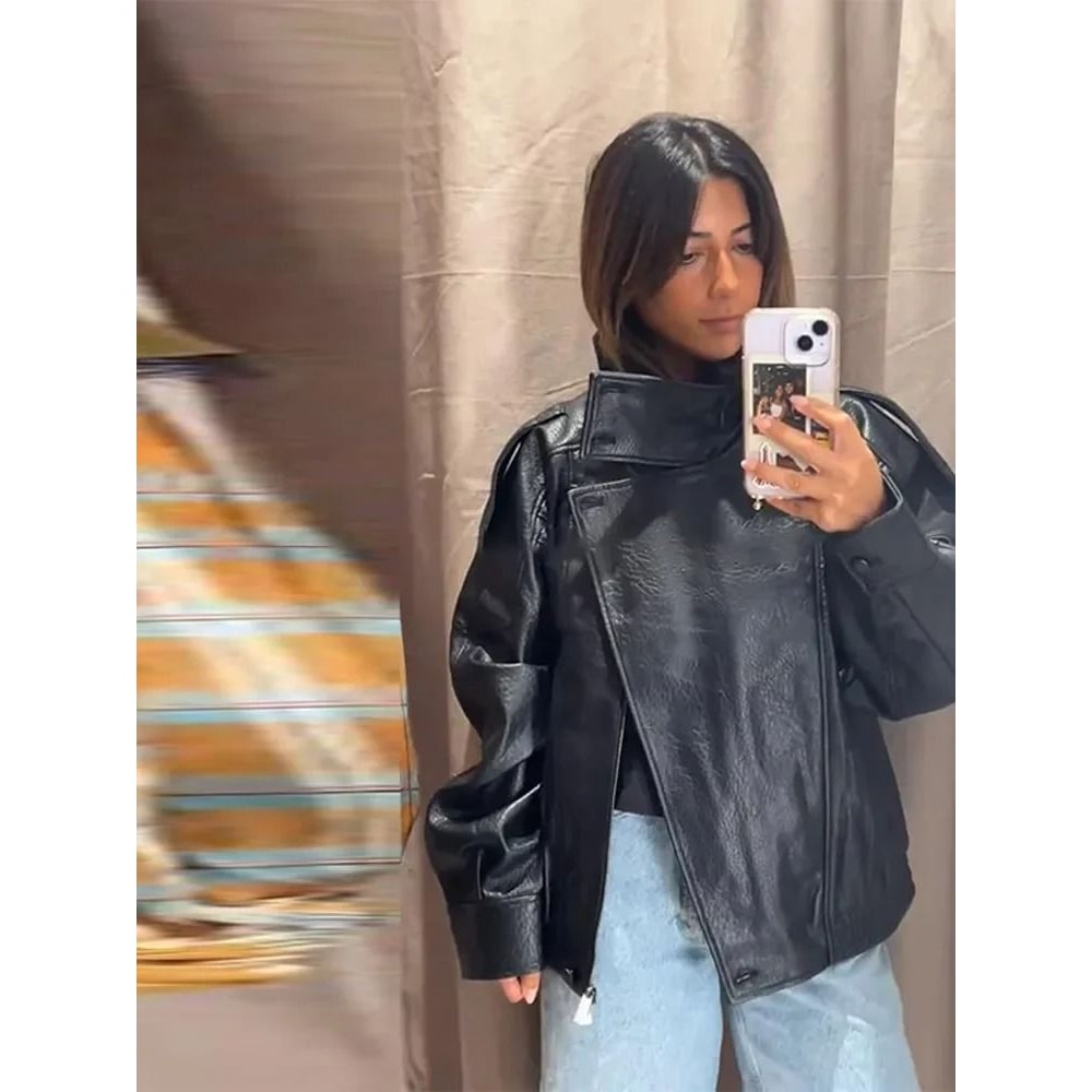 Womens PU Leather Jacket Stand Collar Asymmetric Button Casual Black Biker Jacket 3